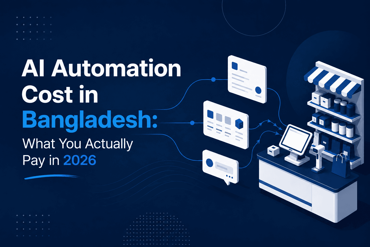 Three layer diagram of AI automation: linked business tools at the base, an AI chat and voice agent above, and a dashboard on top.