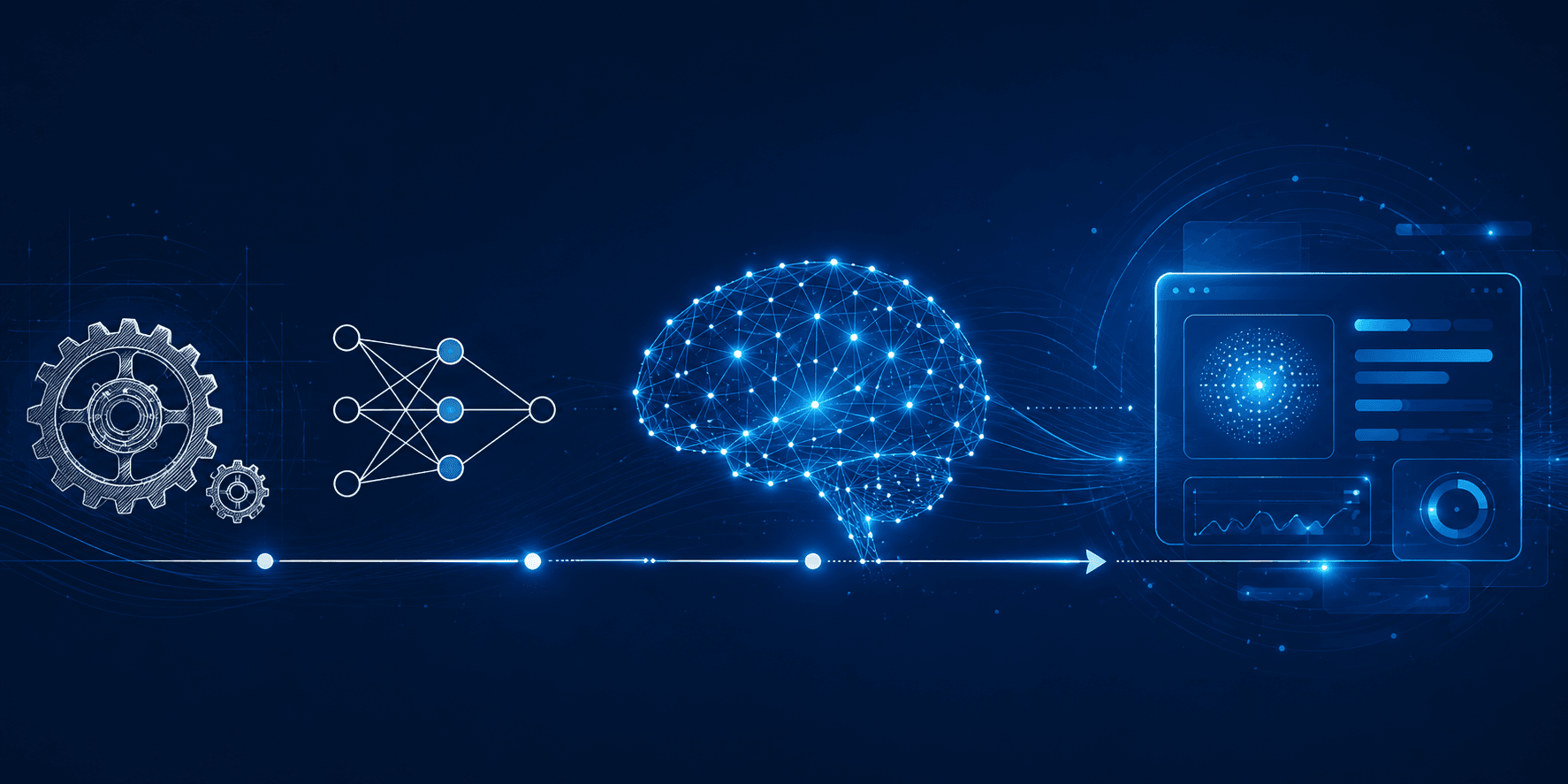 Timeline illustration showing the evolution of artificial intelligence from early neural network concepts to modern AI systems, in blue and white tones