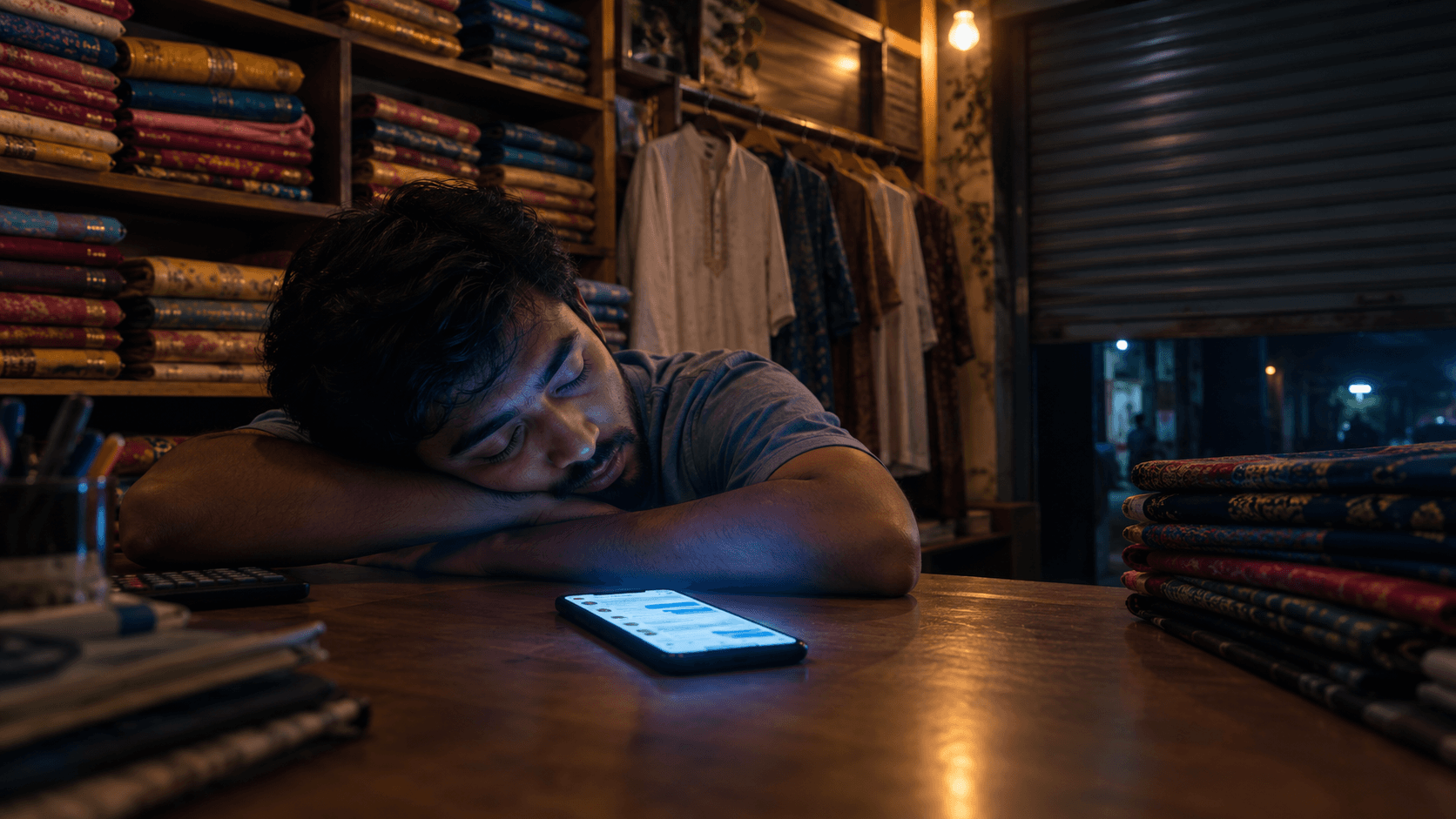 Shop owner asleep at the counter at night while an AI chatbot answers customer messages on his phone