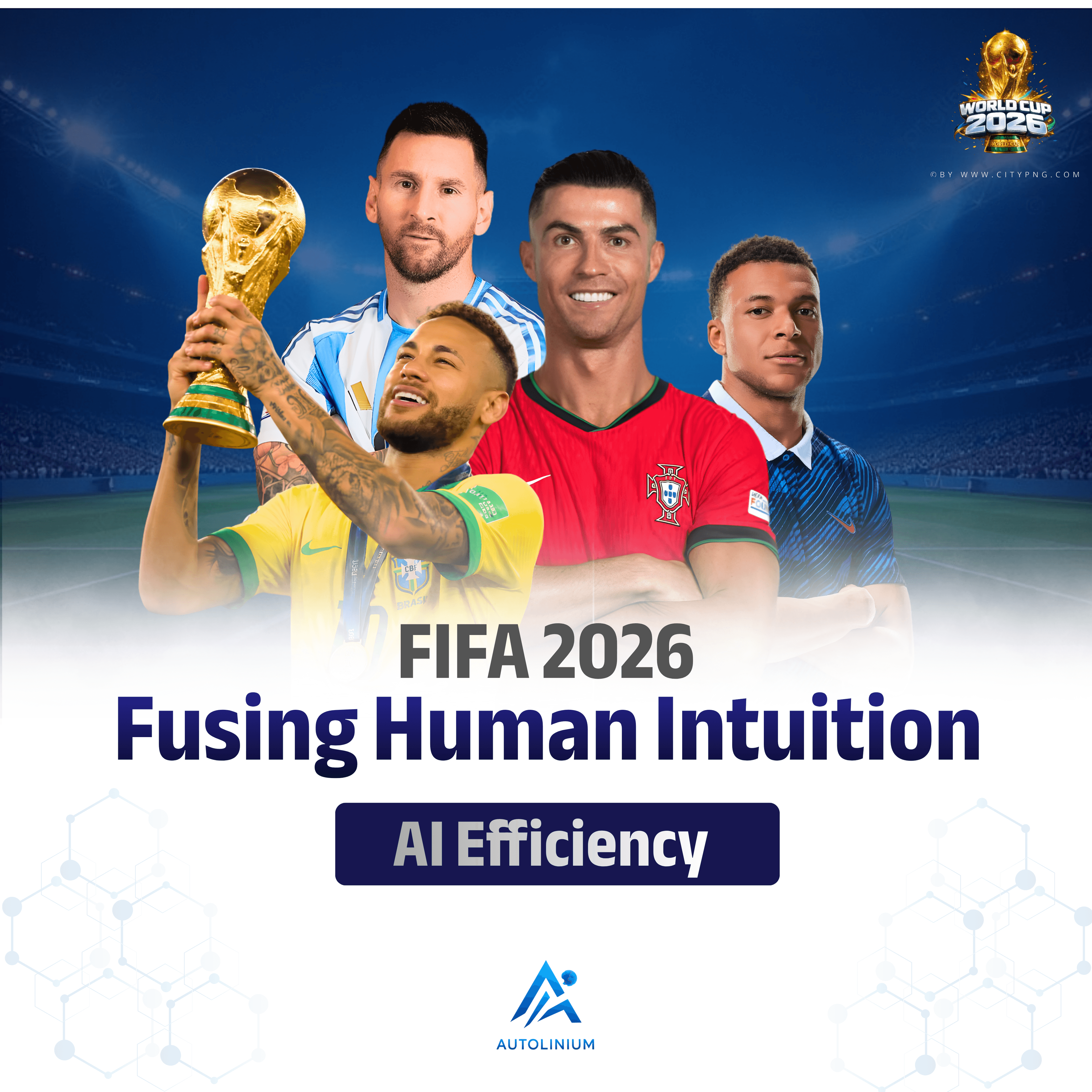 FIFA World Cup 2026 graphic showing top football stars and the trophy with Bengali text about AI-driven changes in football, branded by Autolinium