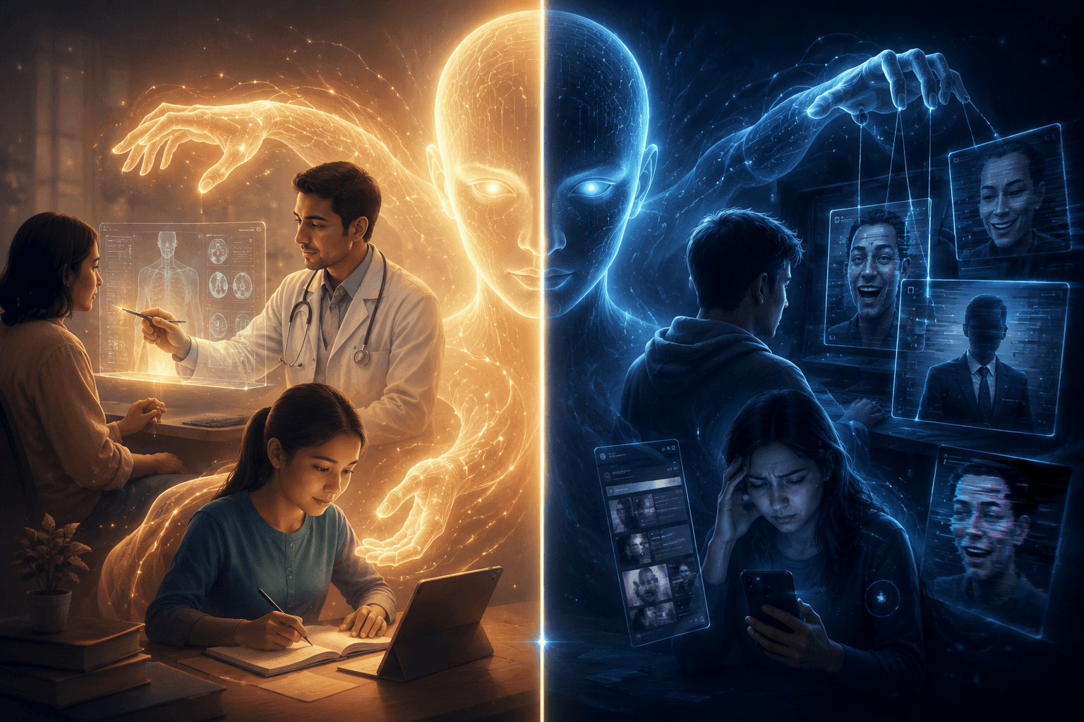 Split-screen illustration of AI's dual nature — helping in healthcare and education versus creating fakes and deception.